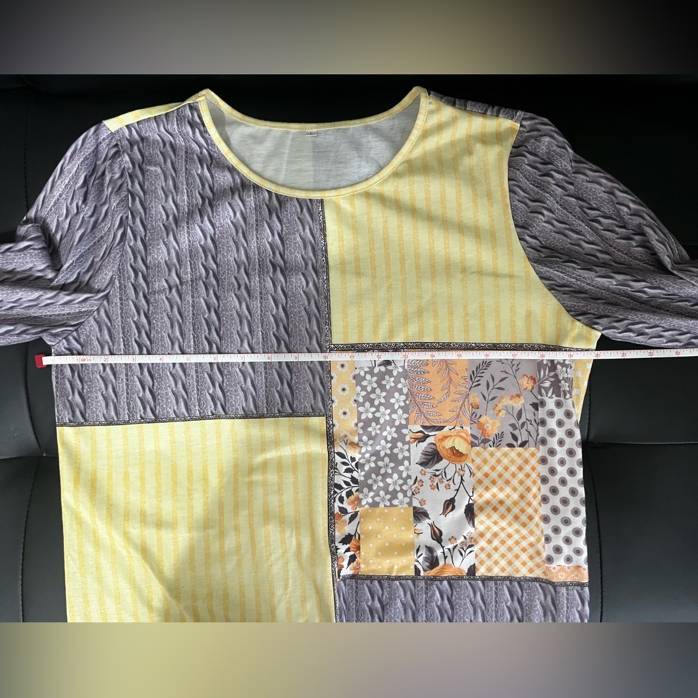 Patchwork Long Sleeve Top - Yellow and Gray Sz L - Picture 5 of 8